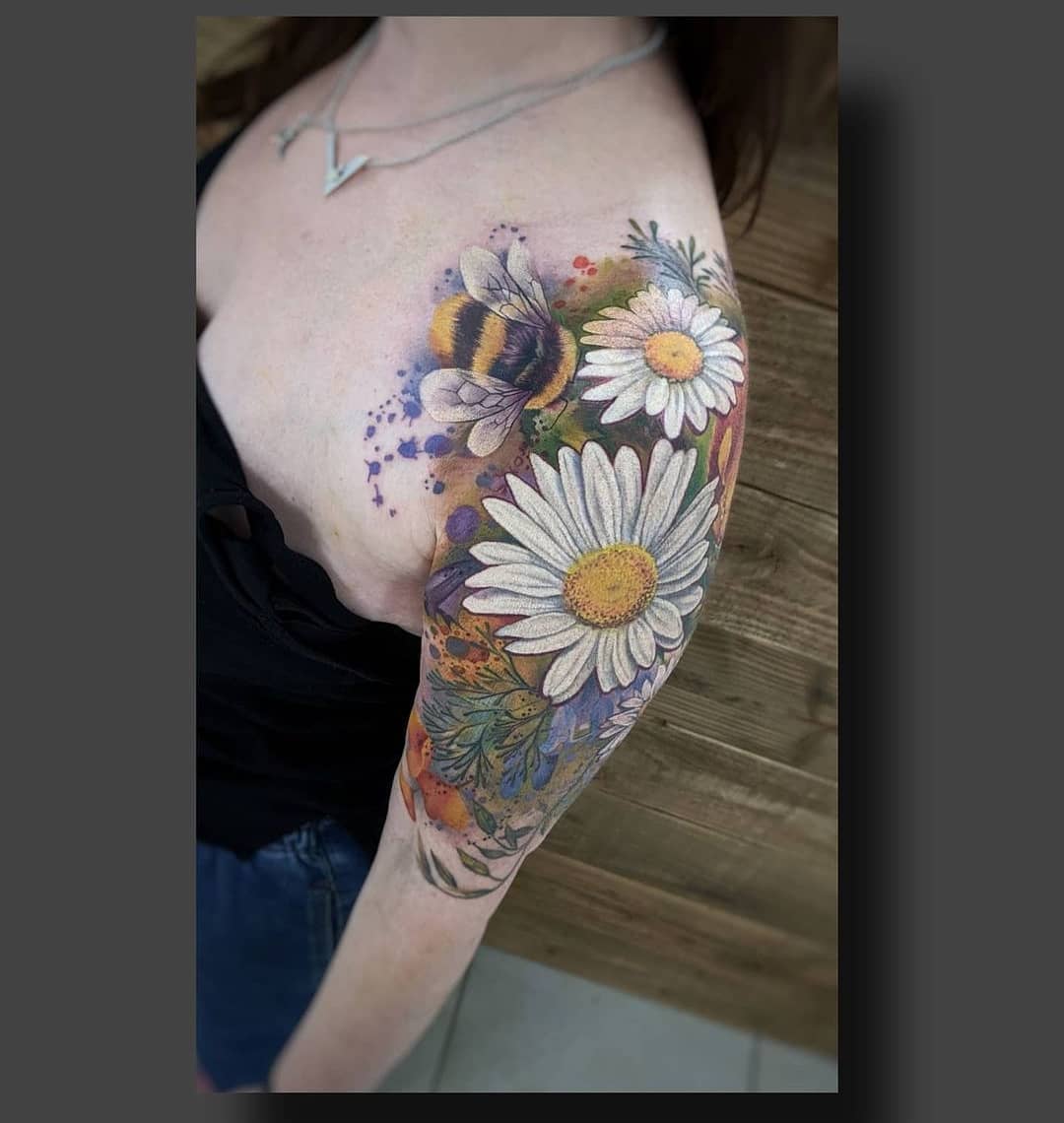 Bees and flowers tattoo