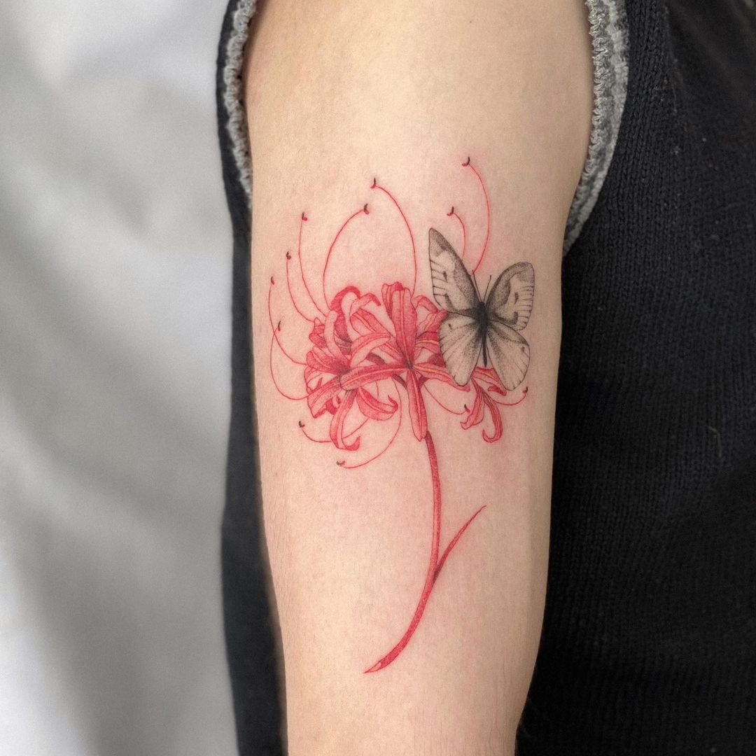 Delicate Black Red Lily Tattoo