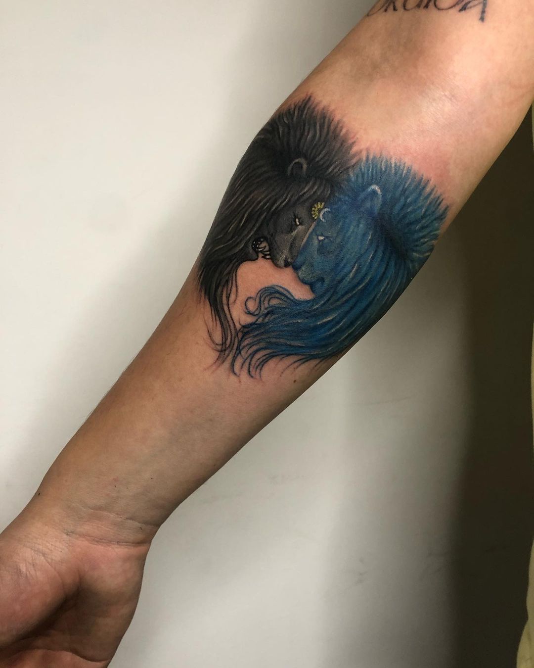 Tatuaje de un león en un brazo azul y negro