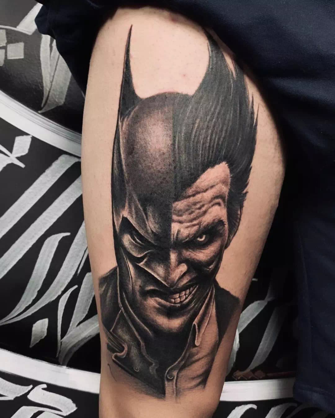 tattoo of a half face batman and half face joker  Stable Diffusion   OpenArt