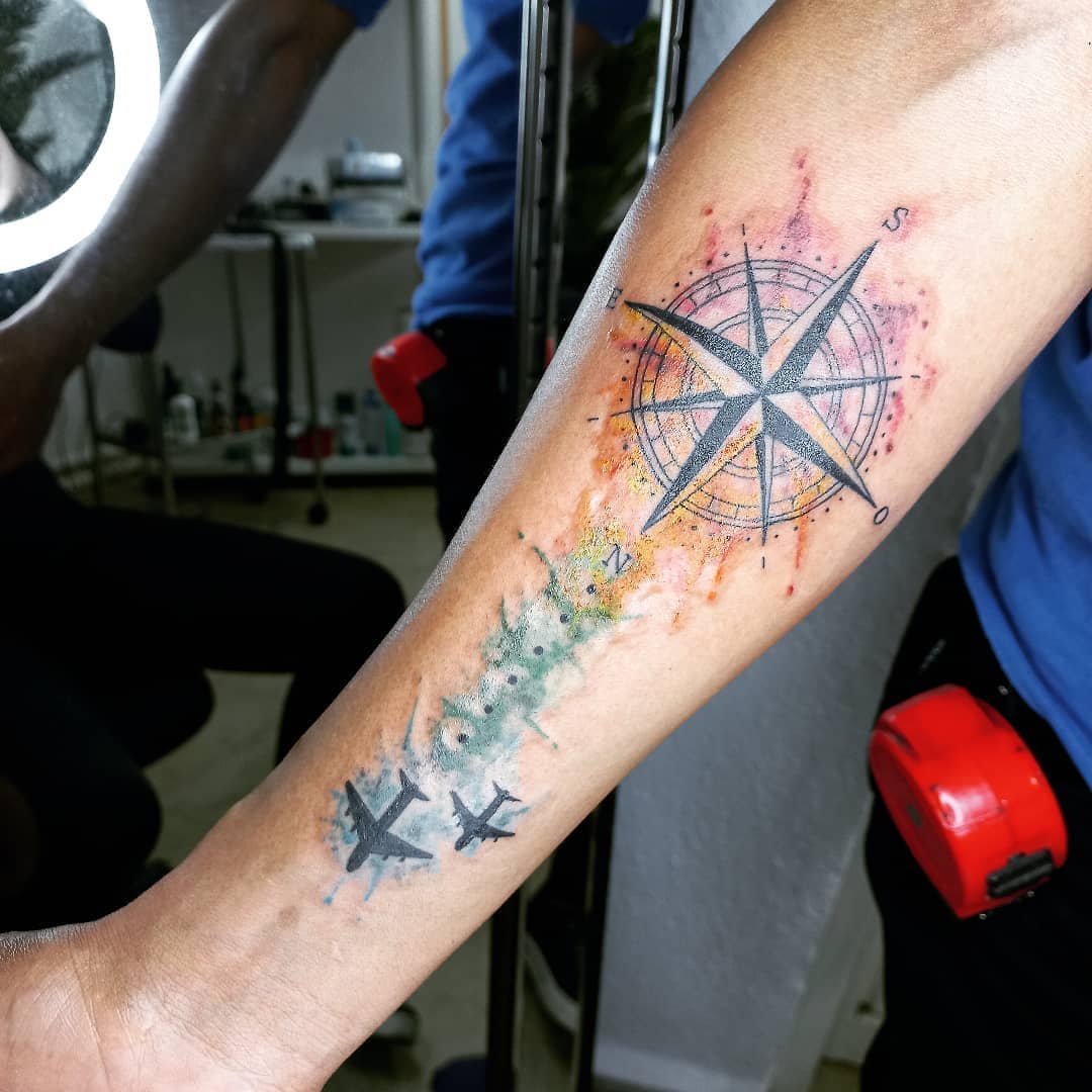 Bright Airplane Tattoo With Compass Idea