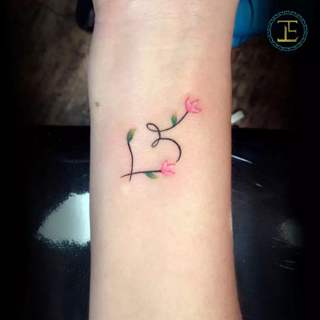 Love Heart Sweet Tattoo With Flowers 1