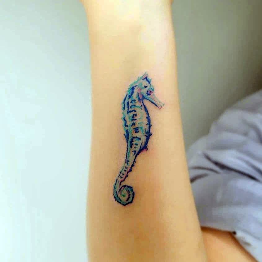 Blue Traditional Seahorse Tattoo
