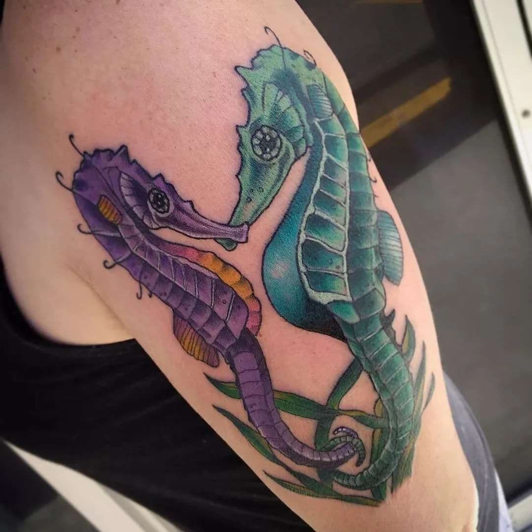 Bright Blue Seahorse Tattoo Over Arm