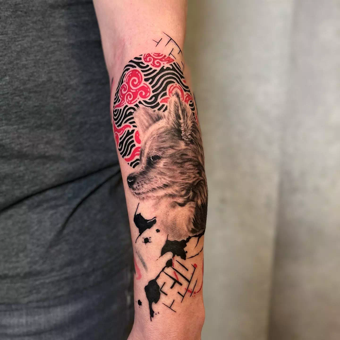 Dramatic Red Ink Trash Polka Tattoo
