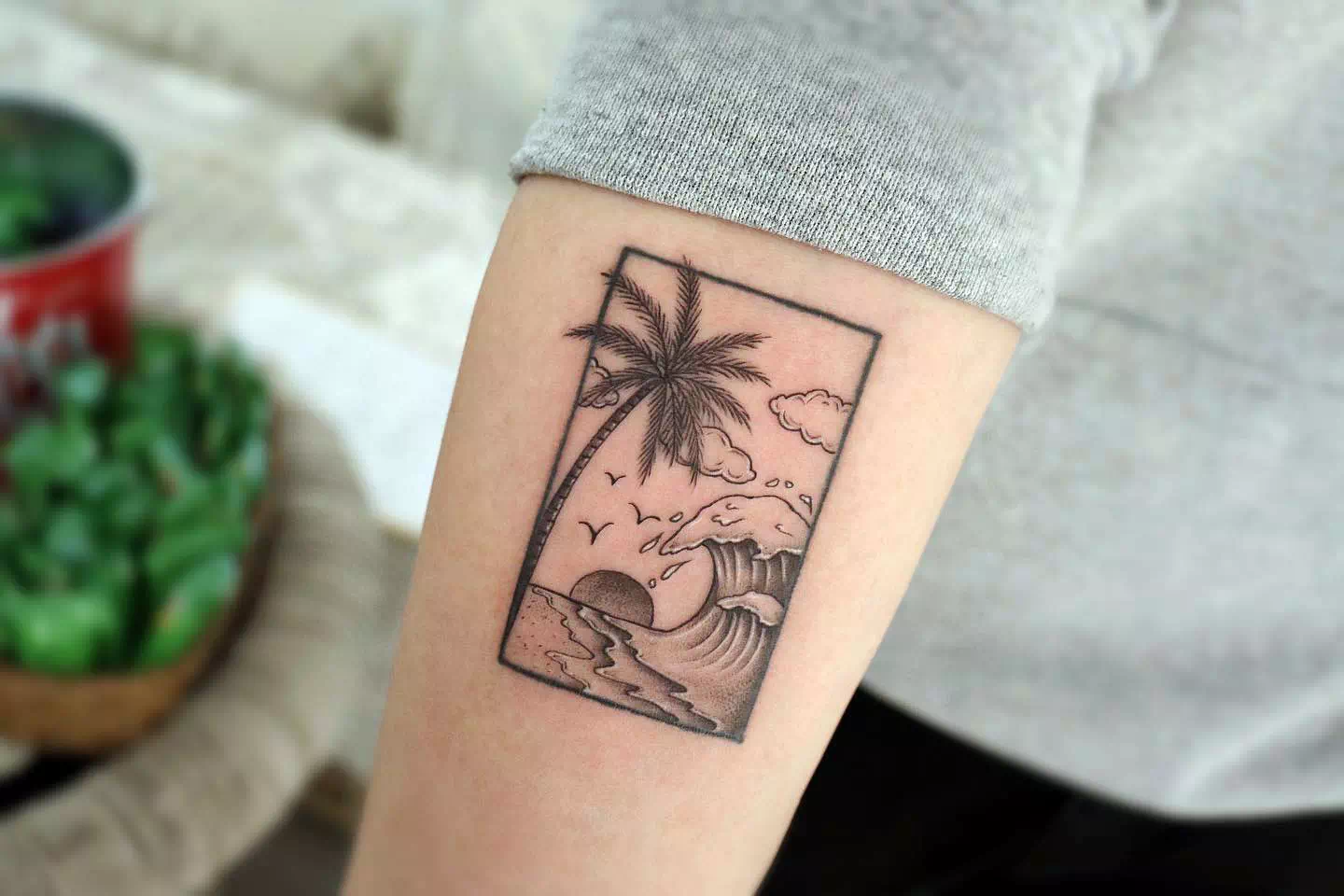 Tatuaje de palmera con puesta de sol 1