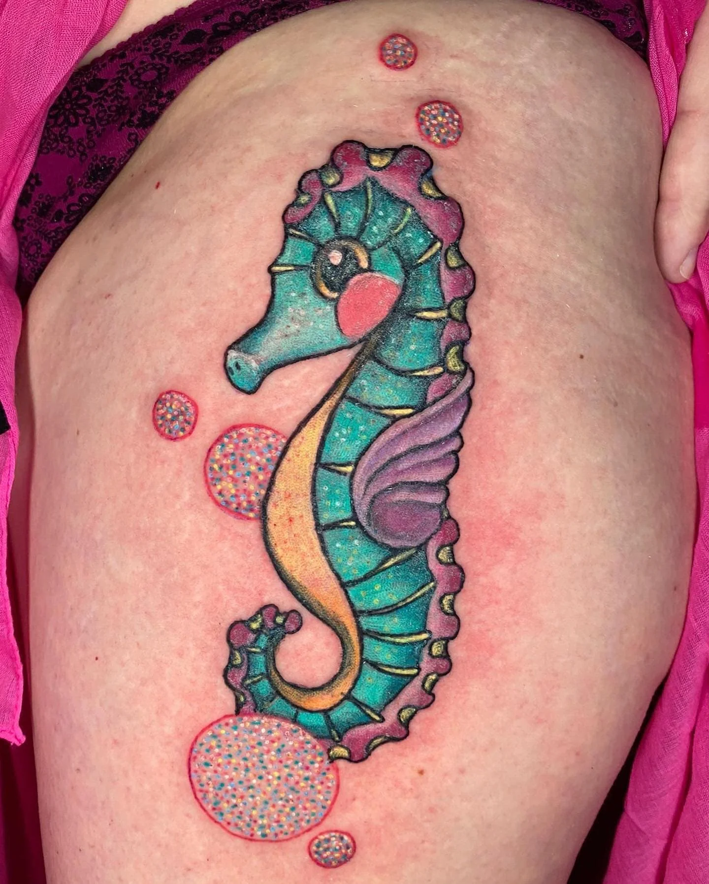 Pink Colorful Bright Seahorse Tattoo