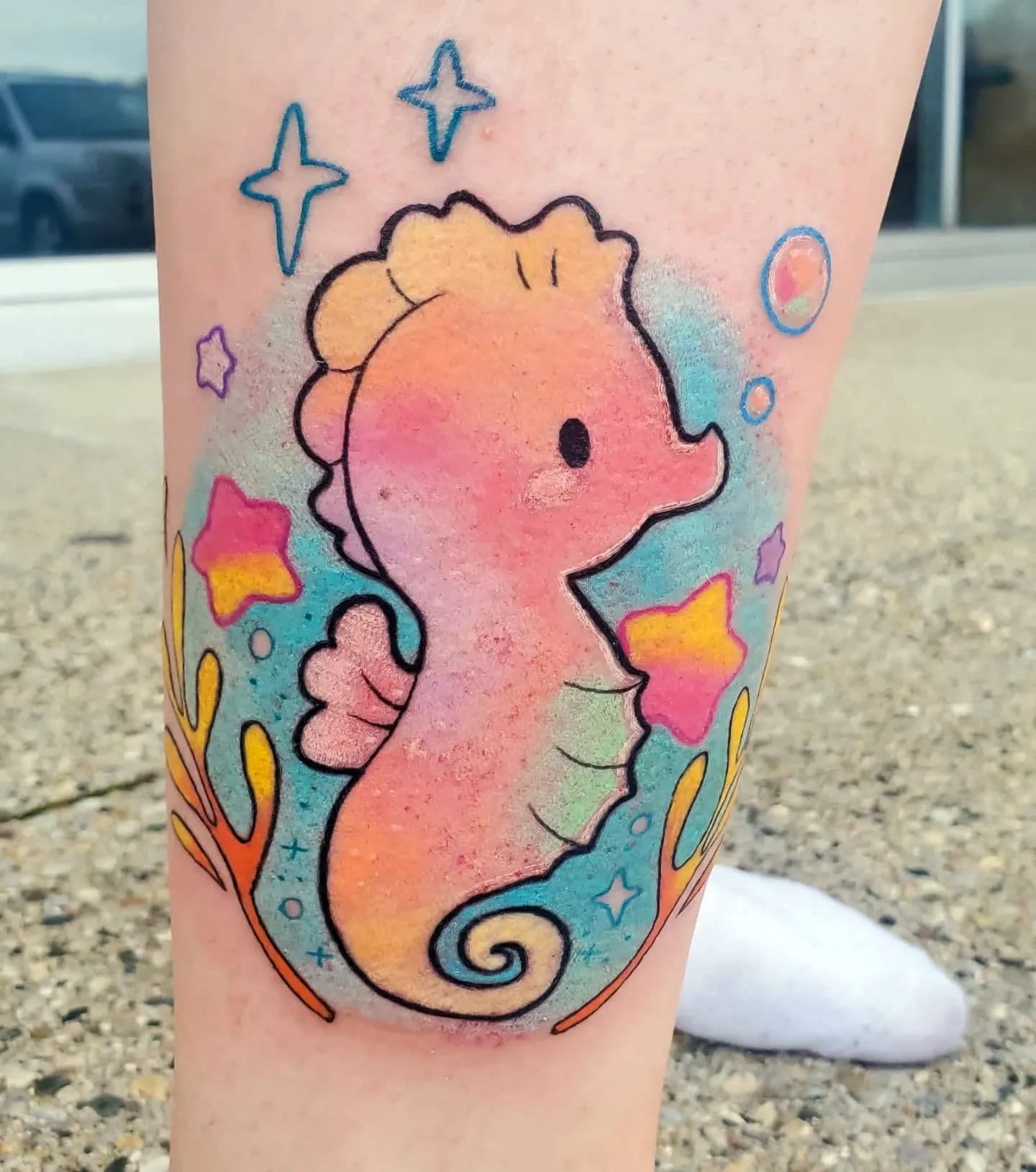 Vibrant Colorful Seahorse Tattoo