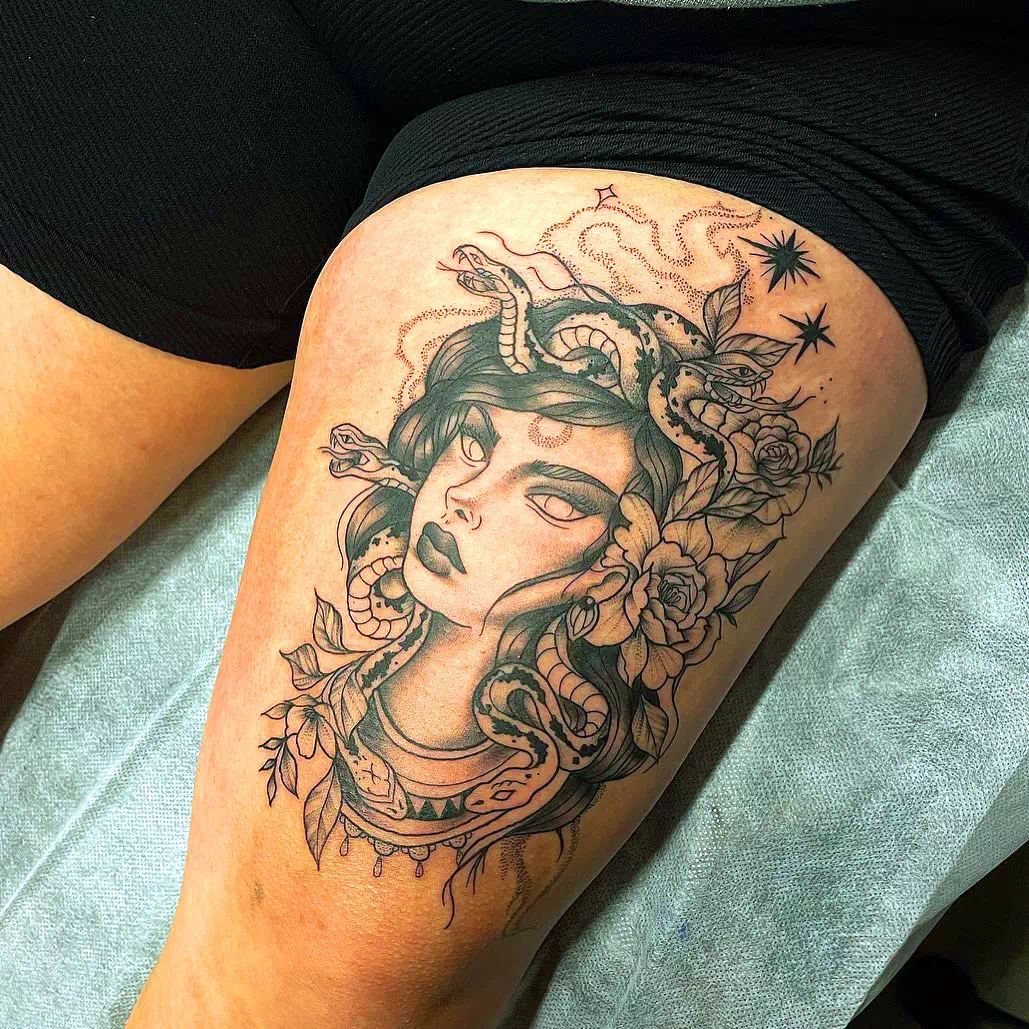 Black Scary Medusa Calf Tattoo 1