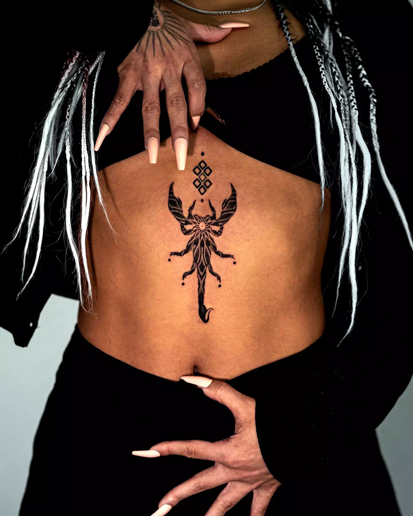 Black Scorpio Tattoo On Stomach