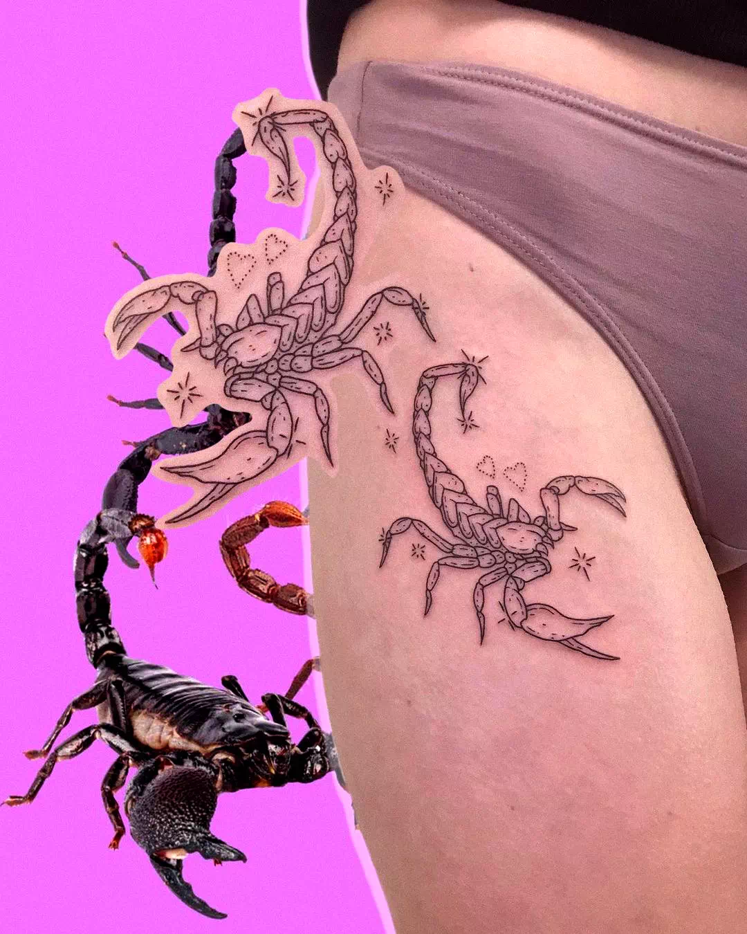 Schwarzer Skorpion Tattoo auf Oberschenkel