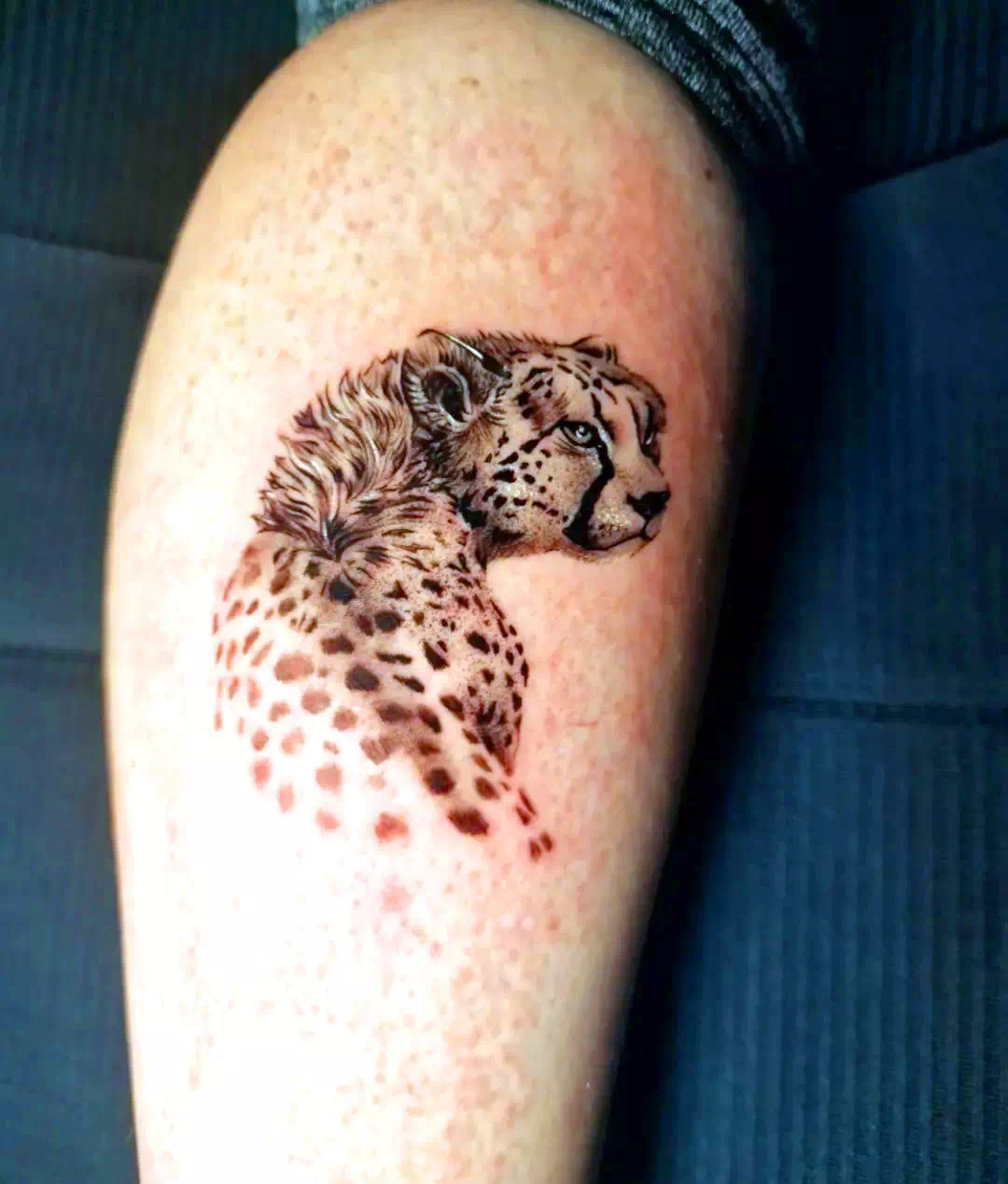 Tatuaje de guepardo en la pantorrilla