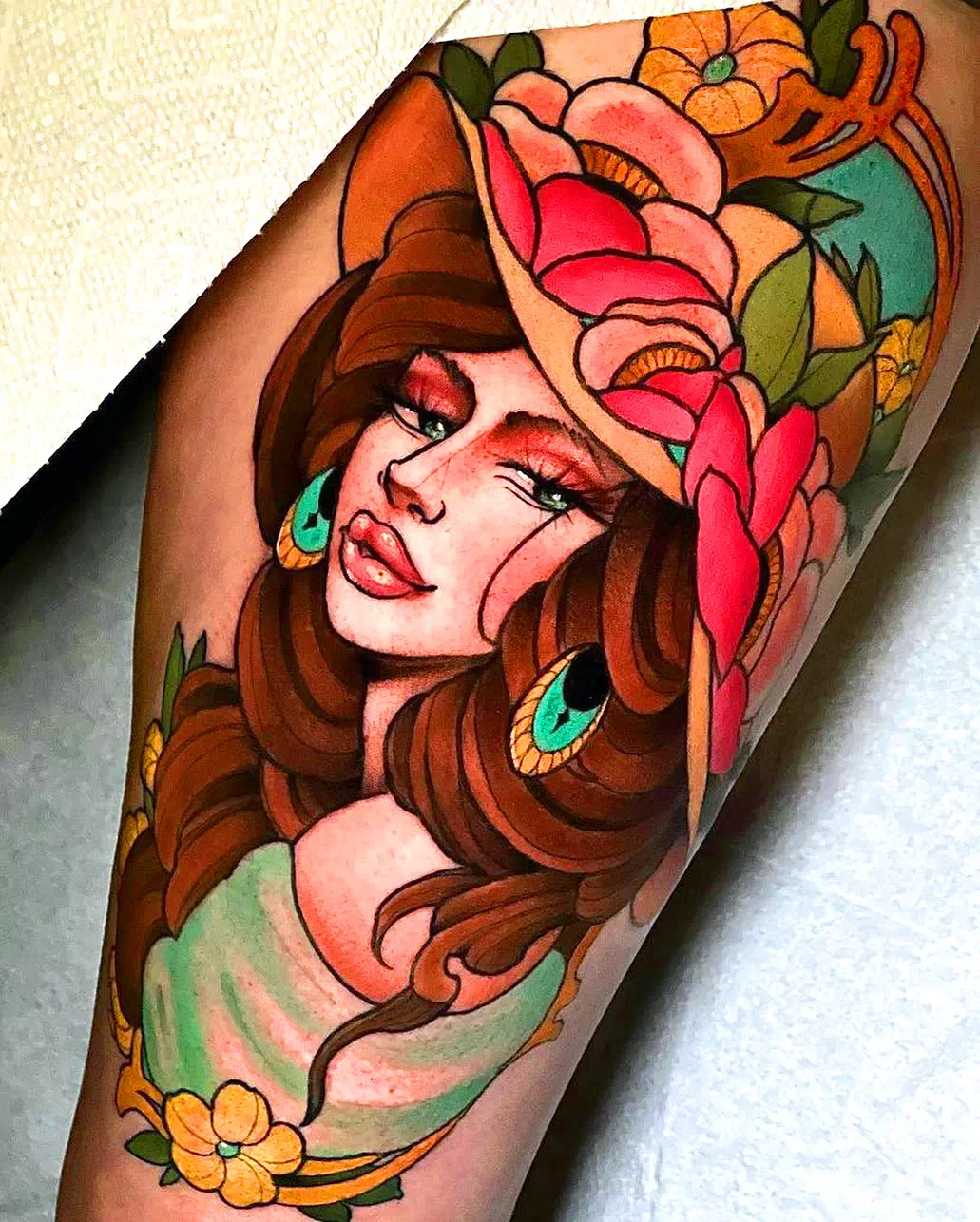 Colorful Girl Flower Lover Calf Tattoo