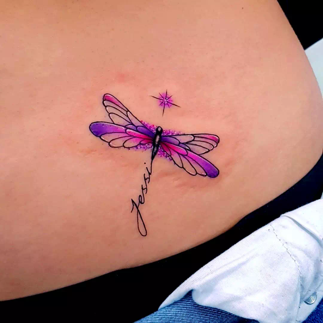 Colorful Loud Stomach Dragonfly Tattoo