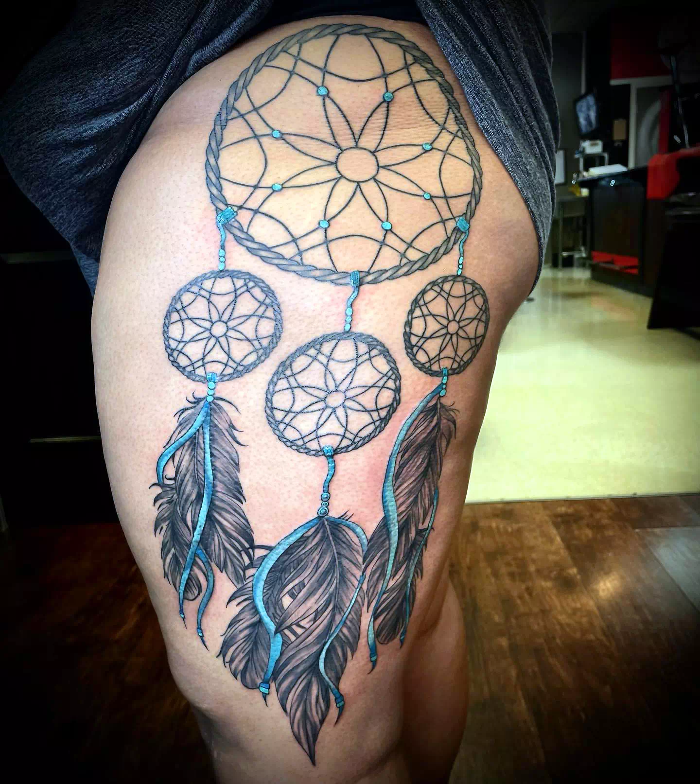 Dream Catcher Tattoo on Thigh 1