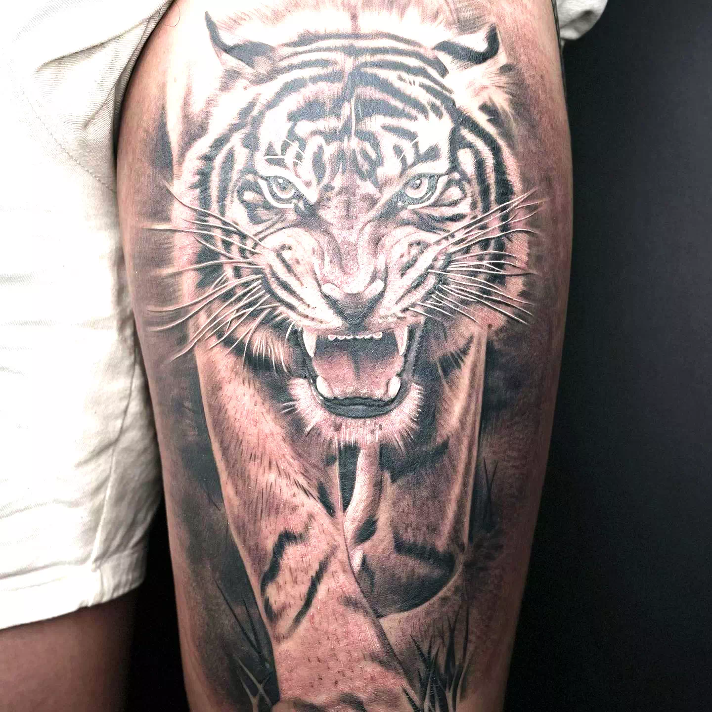 Tatuaje de un tigre en el muslo 1