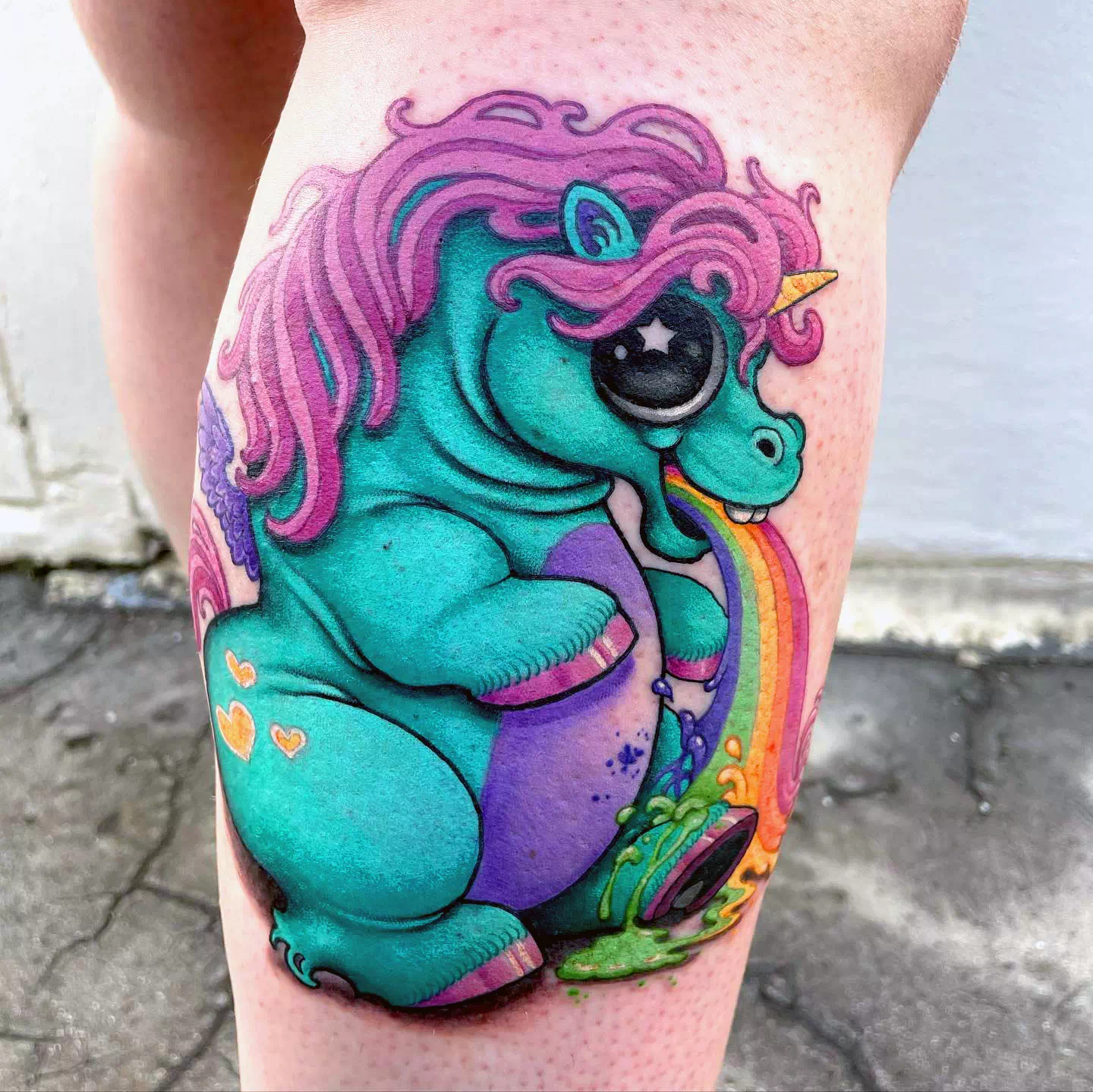 Bright Blue Funny Unicorn Tattoo