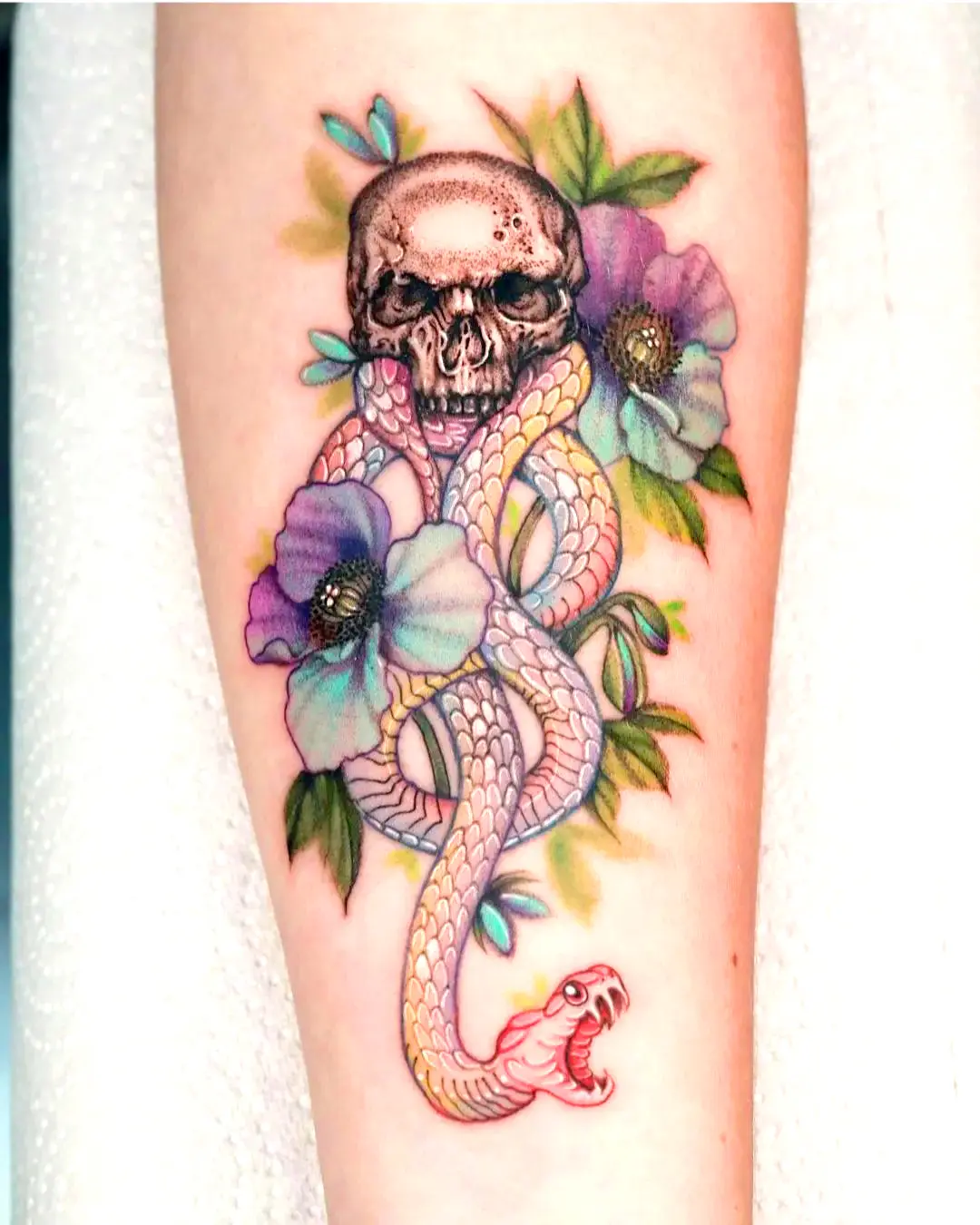 Colorful Death Eater Tattoo Leg Design