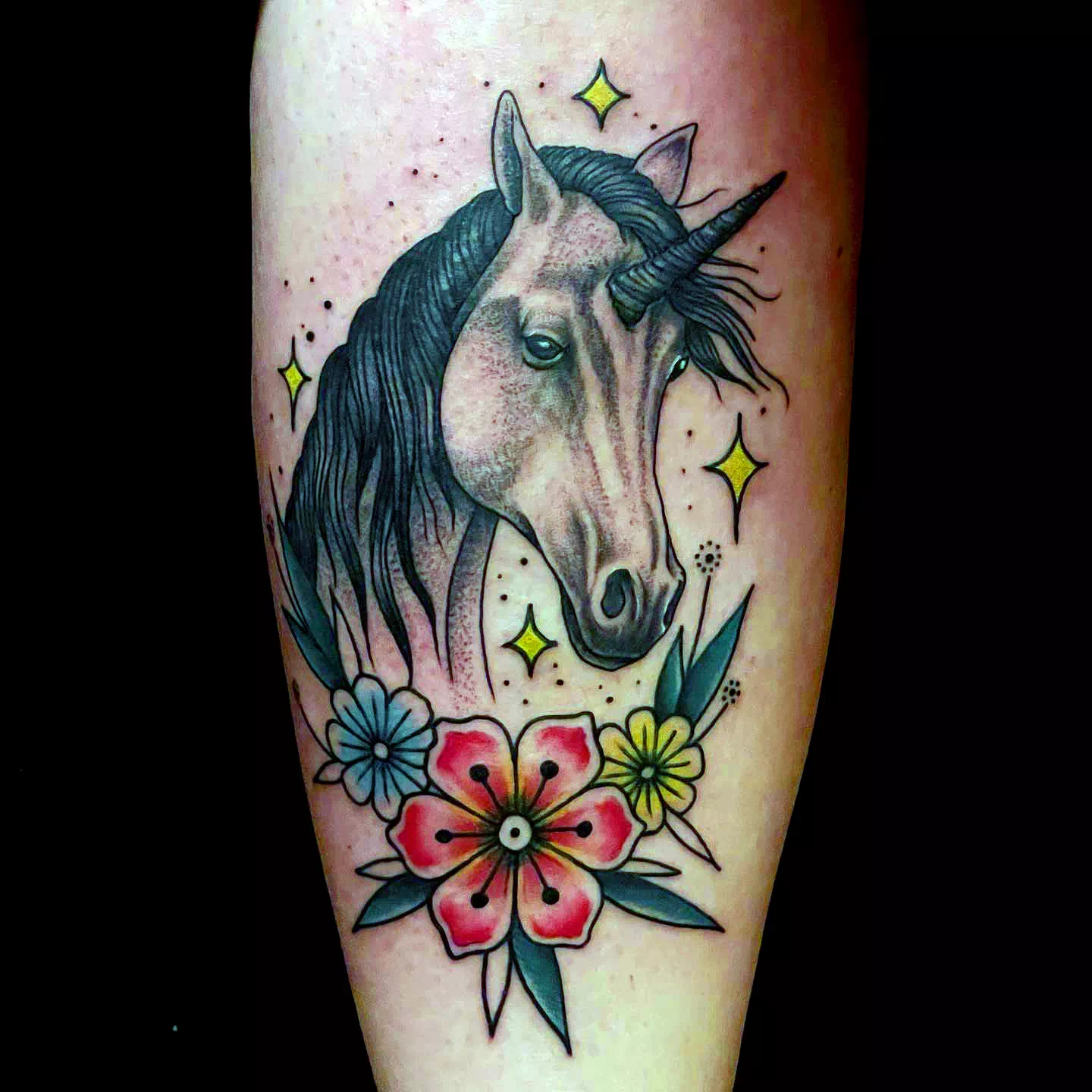 Dark Unicorn Tattoo With Flowers