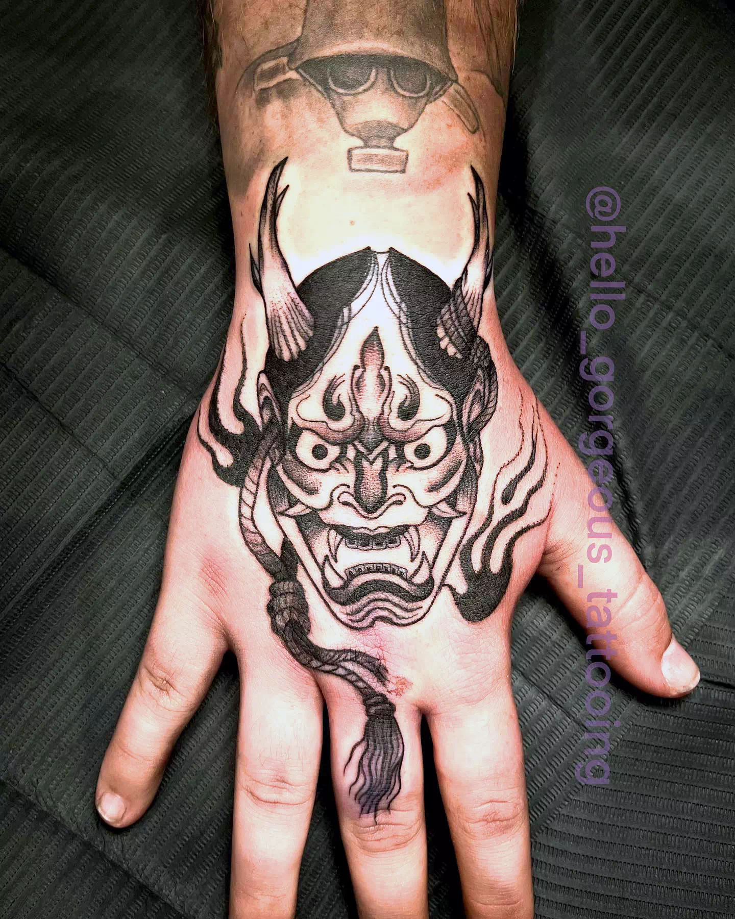 Oni Mask Tattoo Hand Palm Idea