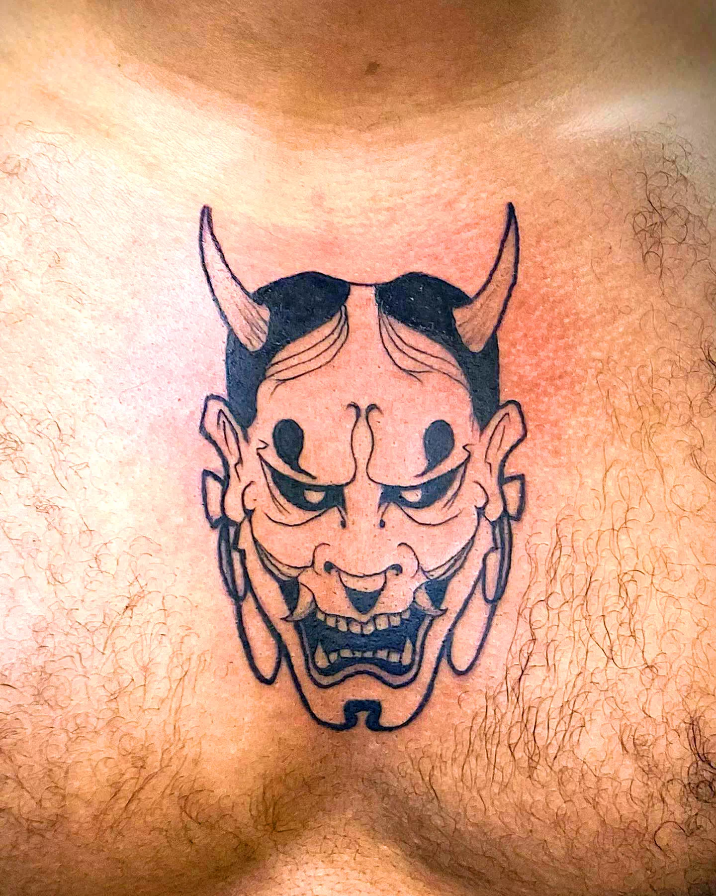 Samurai Oni Mask Tattoo Over Chest