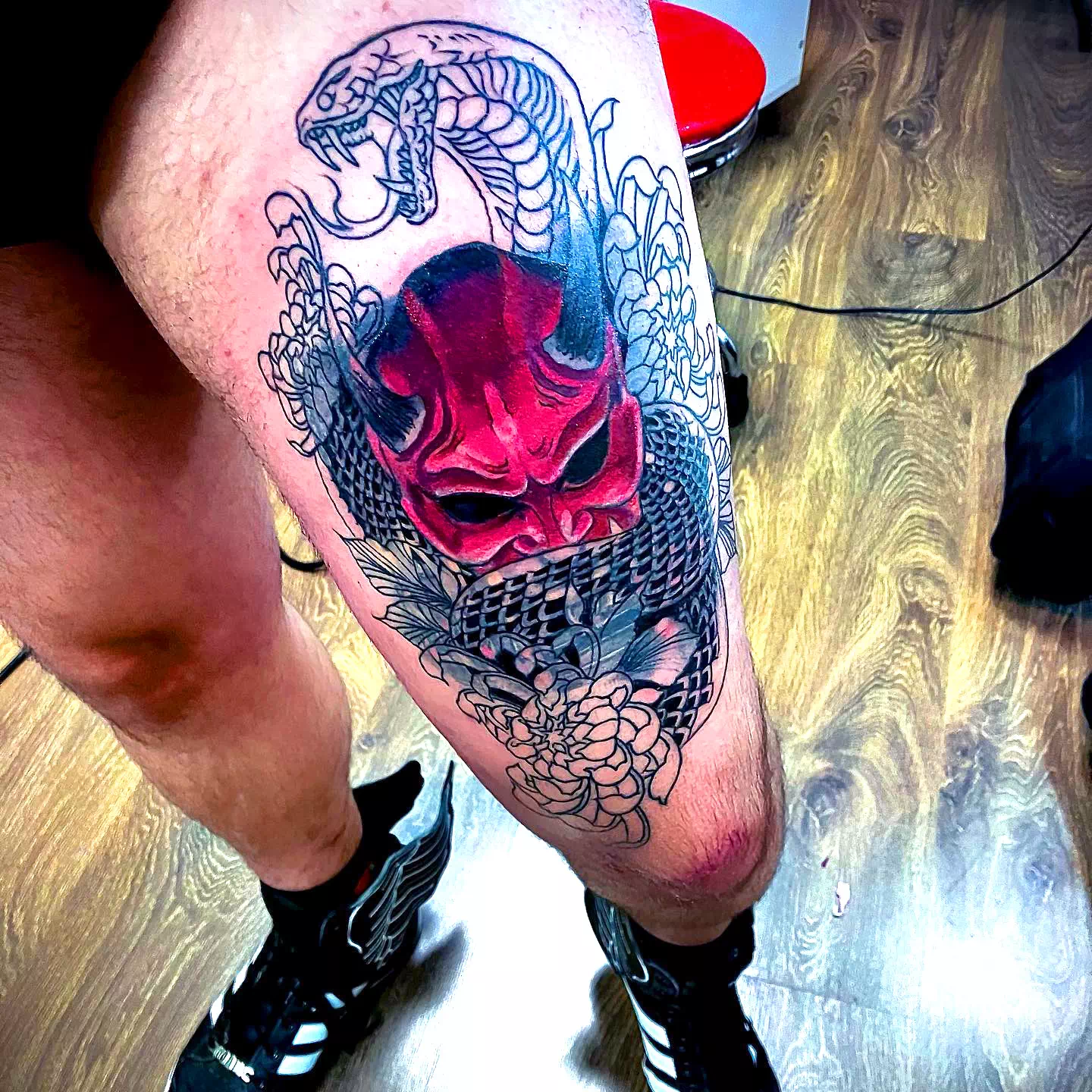 Thigh Oni Mask Tattoo For Men