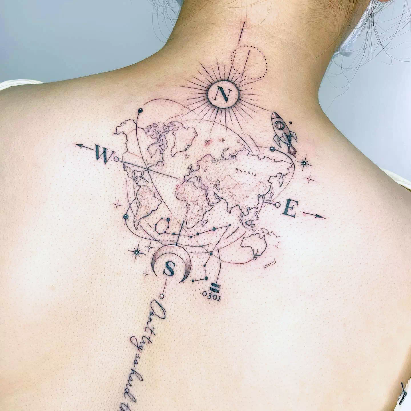 Back Simple Compass Tattoo On Back