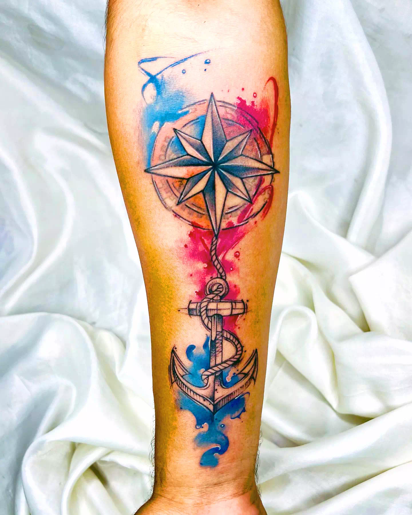 Kompass Aquarell Tattoo Bunt